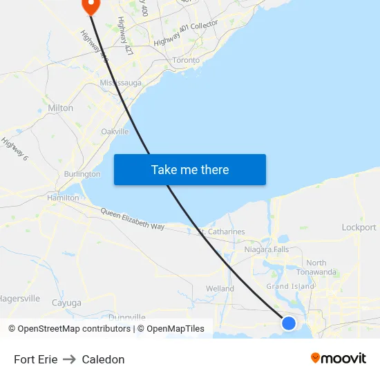 Fort Erie to Caledon map
