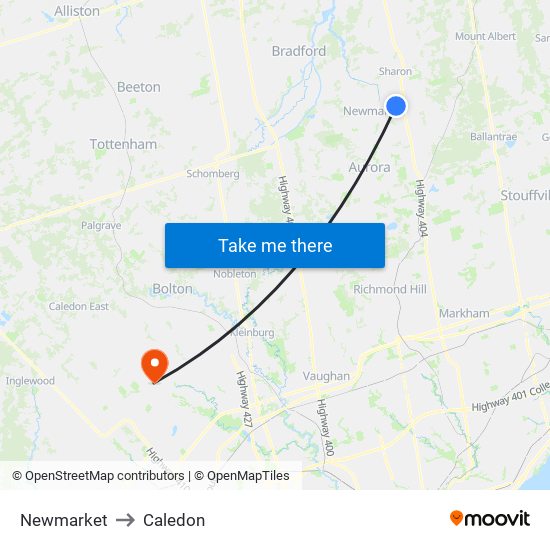 Newmarket to Caledon map