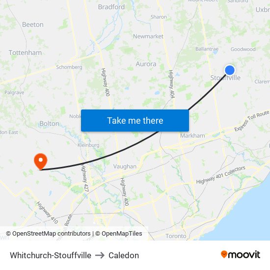 Whitchurch-Stouffville to Caledon map