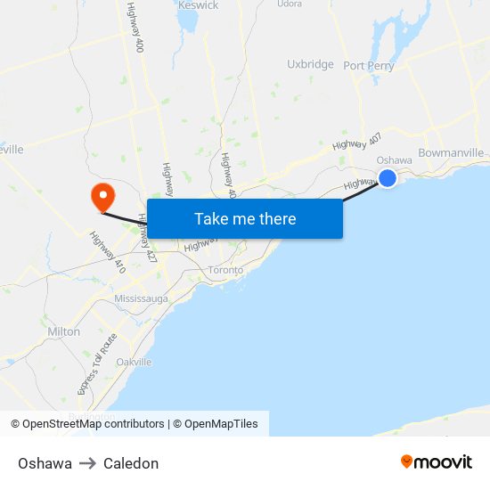 Oshawa to Caledon map