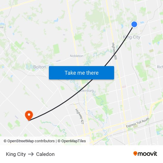 King City to Caledon map