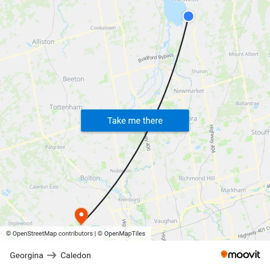 Georgina to Caledon map