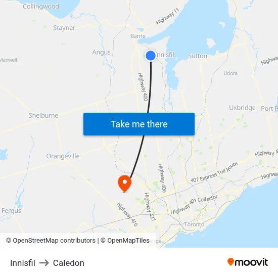Innisfil to Caledon map