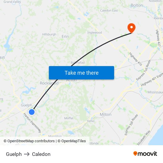 Guelph to Caledon map