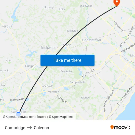 Cambridge to Caledon map