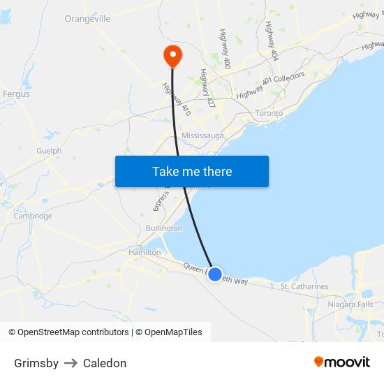 Grimsby to Caledon map