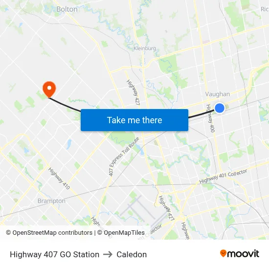 Highway 407 GO Station to Caledon map