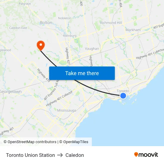 Toronto Union Station to Caledon map