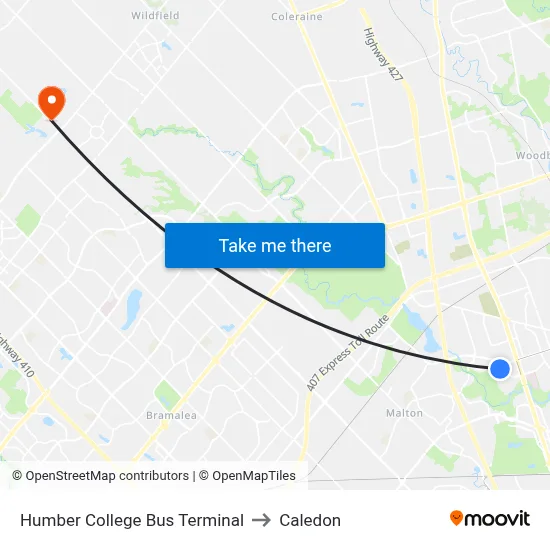 Humber College Bus Terminal to Caledon map
