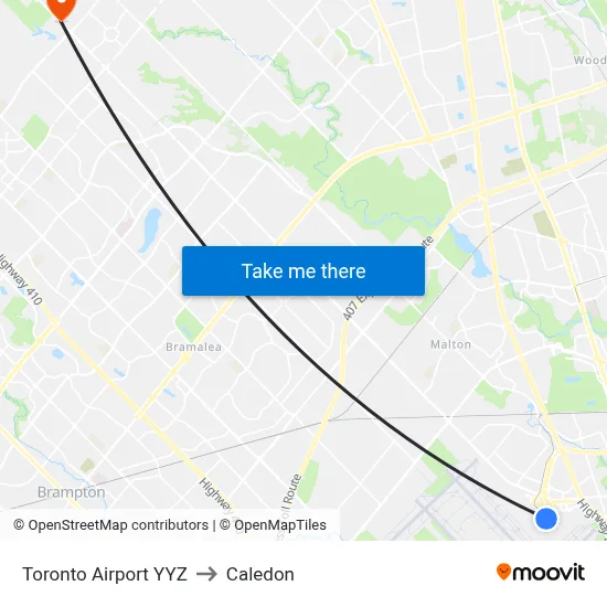 Toronto Airport YYZ to Caledon map