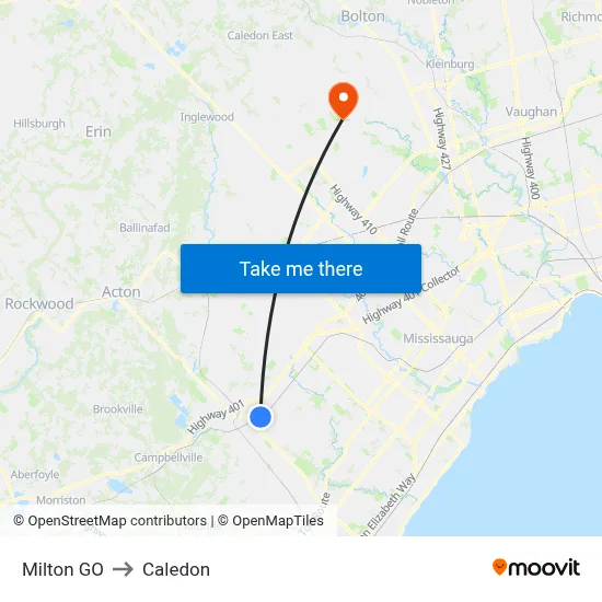 Milton GO to Caledon map