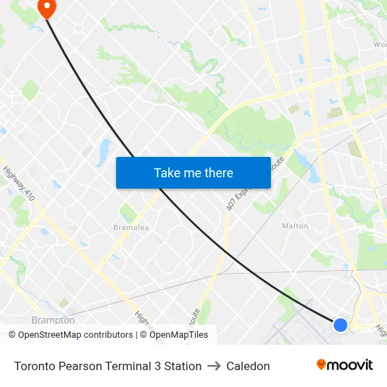 Toronto Pearson Terminal 3 Station to Caledon map