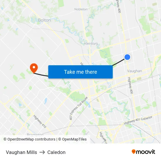 Vaughan Mills to Caledon map