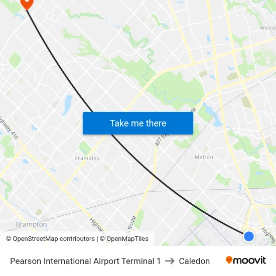 Pearson International Airport Terminal 1 to Caledon map