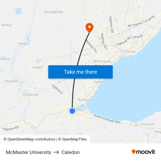 McMaster University to Caledon map