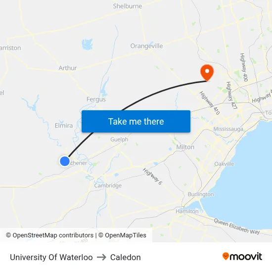 University Of Waterloo to Caledon map