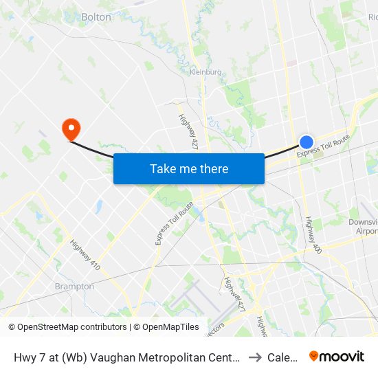 Hwy 7 at (Wb) Vaughan Metropolitan Centre Station to Caledon map