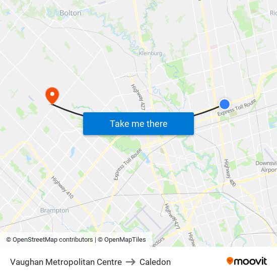 Vaughan Metropolitan Centre to Caledon map