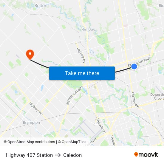 Highway 407 Station to Caledon map