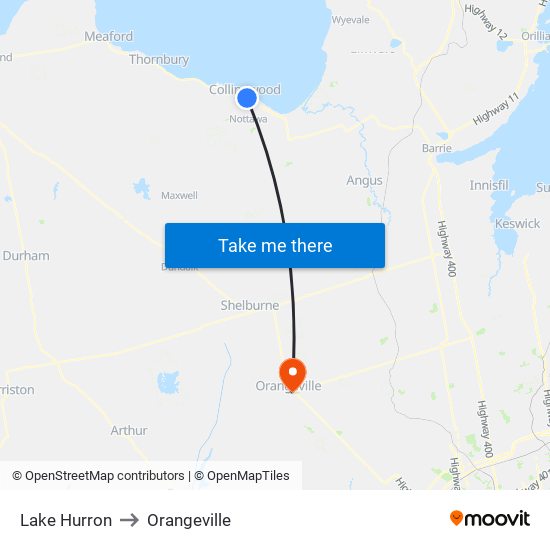 Lake Hurron to Orangeville map