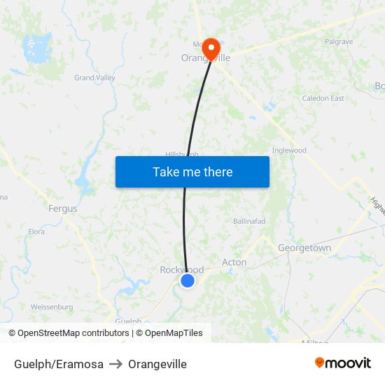 Guelph/Eramosa to Orangeville map