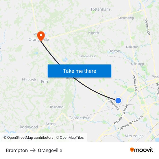 Brampton to Orangeville map