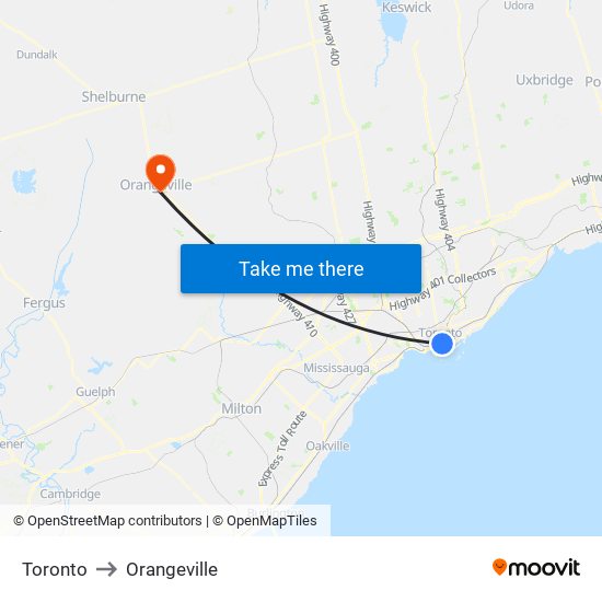 Toronto to Orangeville map