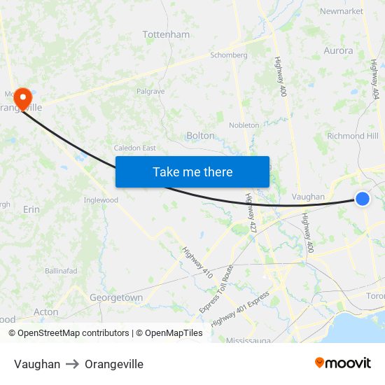 Vaughan to Orangeville map