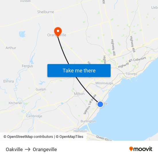 Oakville to Orangeville map