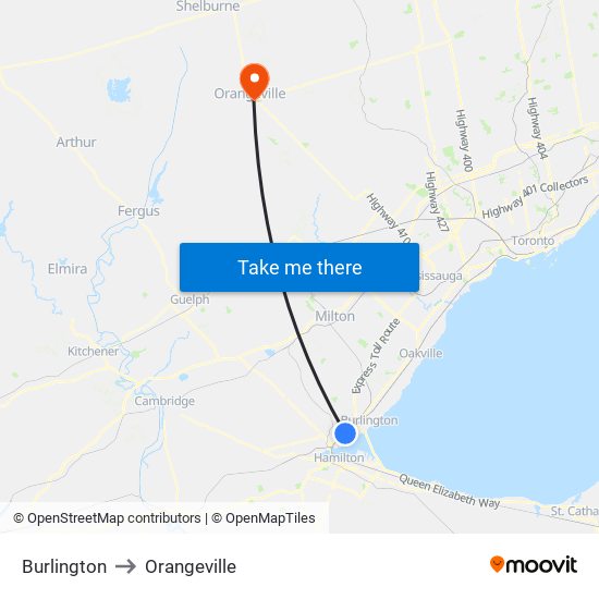 Burlington to Orangeville map