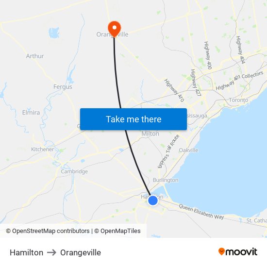 Hamilton to Orangeville map