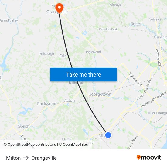 Milton to Orangeville map