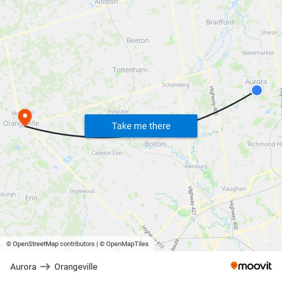Aurora to Orangeville map
