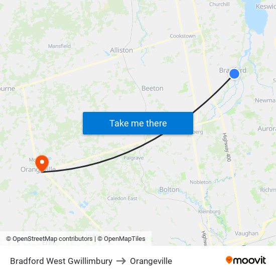 Bradford West Gwillimbury to Orangeville map