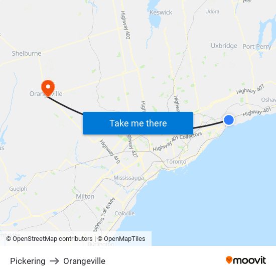 Pickering to Orangeville map