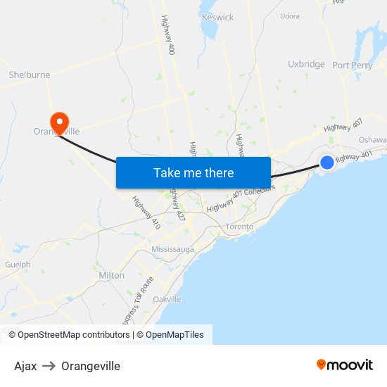 Ajax to Orangeville map