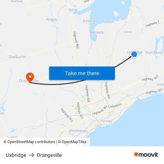 Uxbridge to Orangeville map