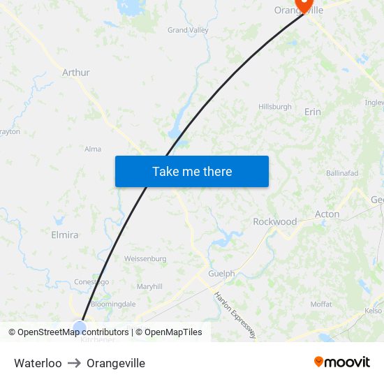 Waterloo to Orangeville map