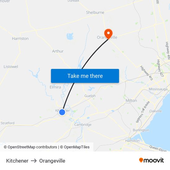 Kitchener to Orangeville map