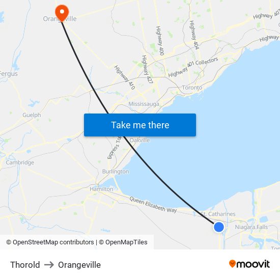 Thorold to Orangeville map