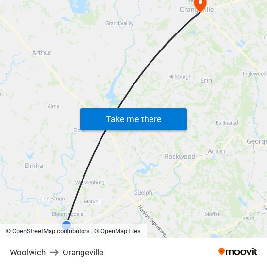 Woolwich to Orangeville map