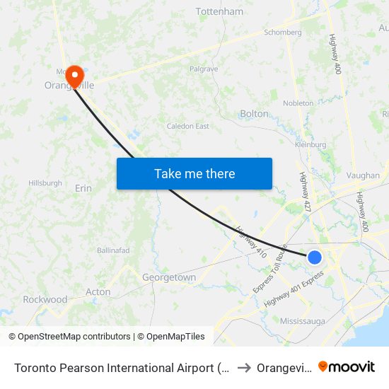 Toronto Pearson International Airport (Yyz) to Orangeville map