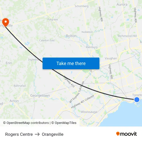 Rogers Centre to Orangeville map