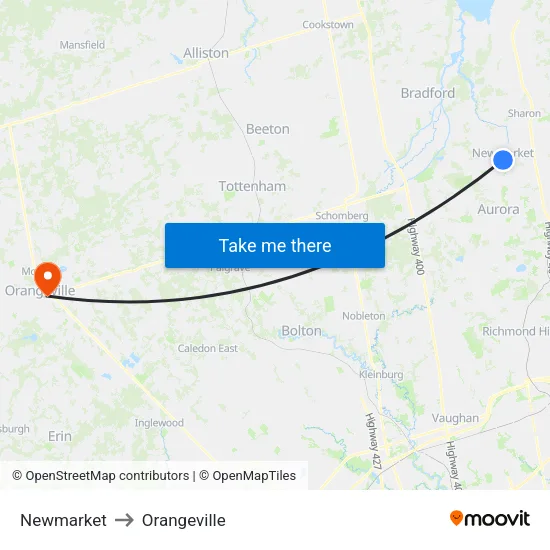 Newmarket to Orangeville map
