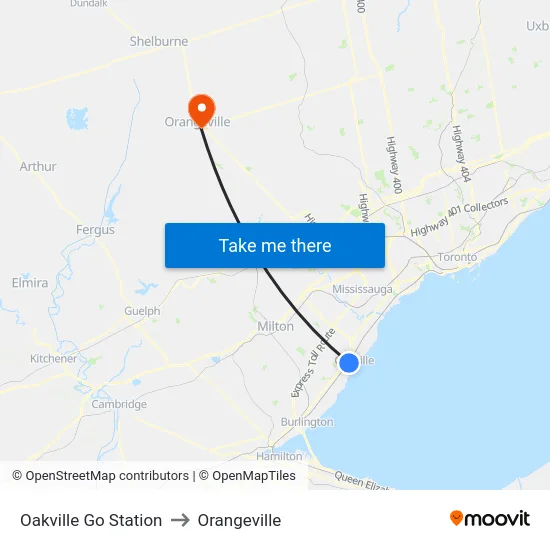 Oakville Go Station to Orangeville map
