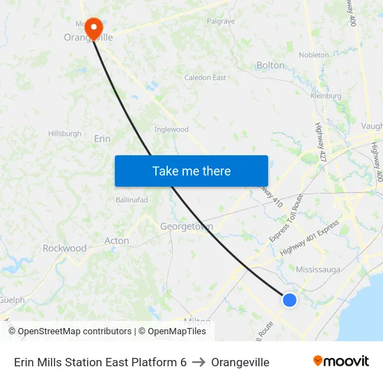 Erin Mills Station East Platform 6 to Orangeville map