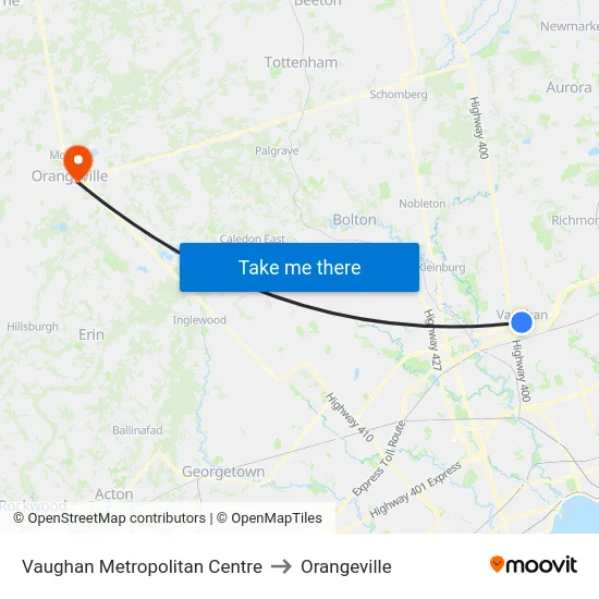 Vaughan Metropolitan Centre to Orangeville map