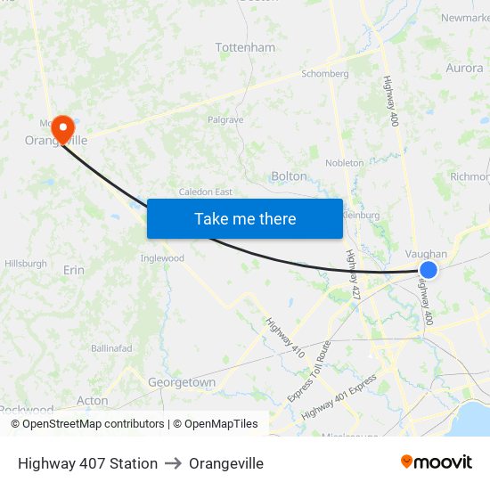 Highway 407 Station to Orangeville map