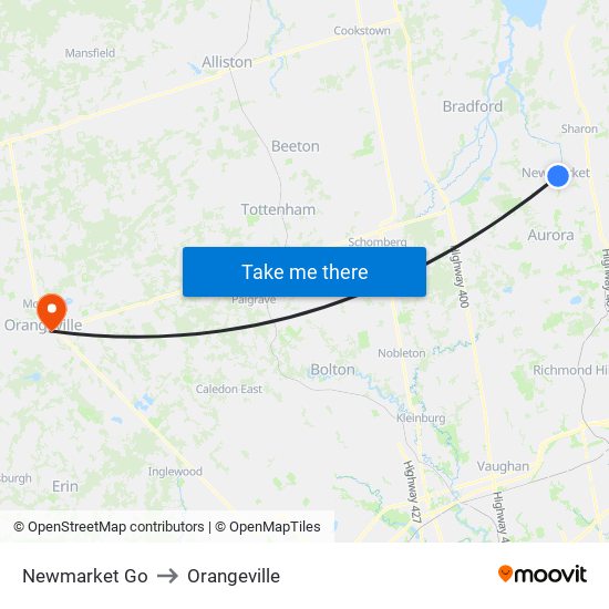 Newmarket Go to Orangeville map