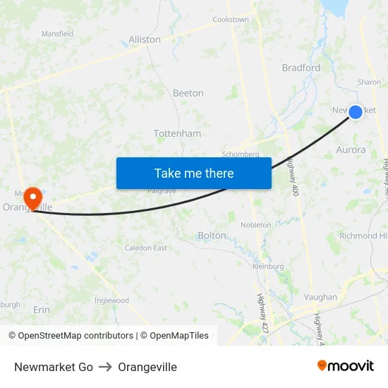 Newmarket Go to Orangeville map